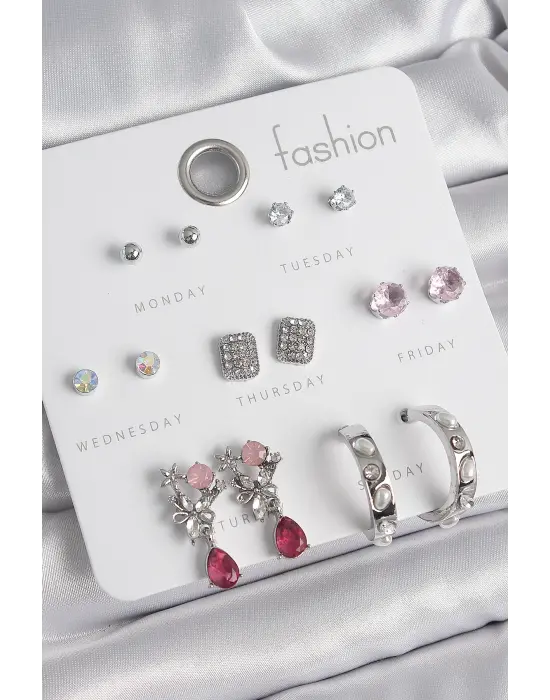 Pirinç Gümüş Renk Zirkon Taşlı Çiçek Figür İncili Halka Detay 7 Çift Kadın Küpe Seti