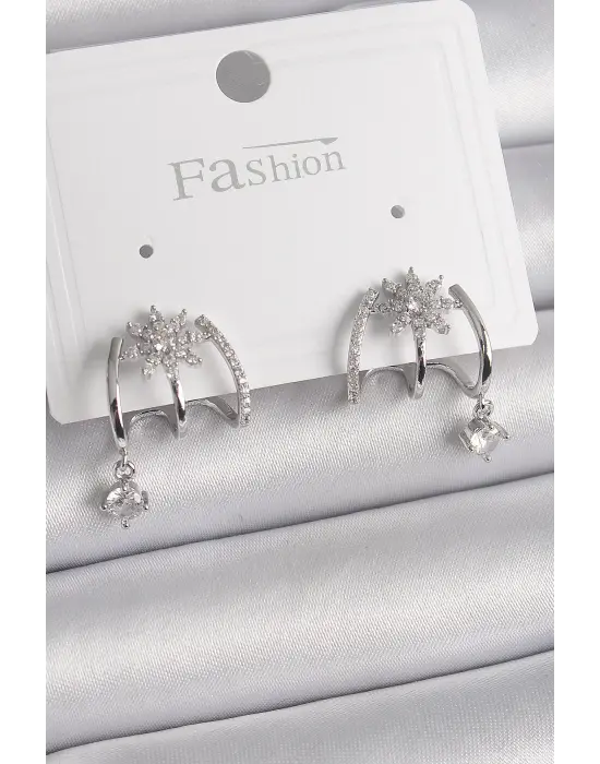  Gümüş Zirkon Taşlı Çiçek Figür Sallantı Detay Çelik Küpe