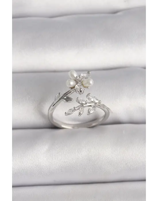  Gümüş Zirkon Taşlı Çiçek Mode İnci Detay Ayarlanabilir Yüzük