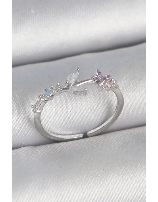 Pirinç Gümüş Renk Zirkon Taşlı Çiçek Model Ayarlanabilir Kadın Yüzük