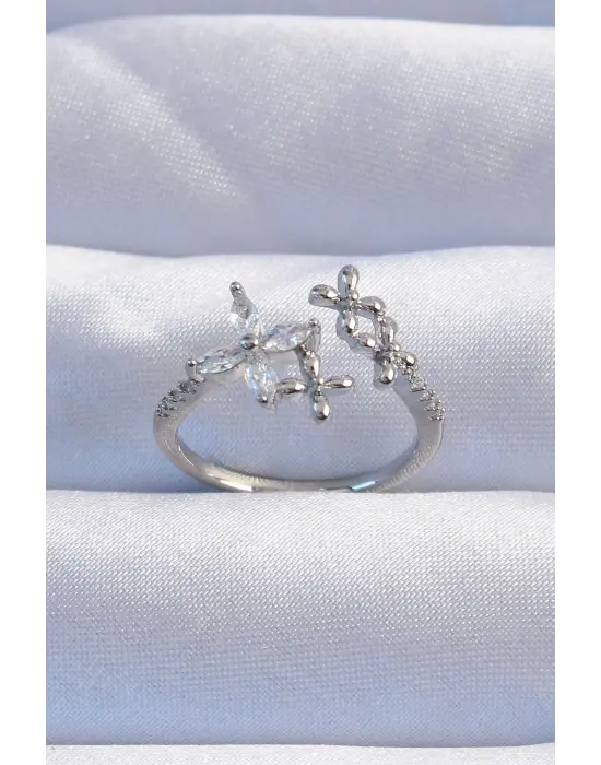  Gümüş Zirkon Taşlı Çiçek Model Ayarlanabilir Yüzük