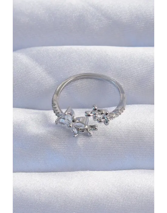  Gümüş Zirkon Taşlı Çiçek Model Ayarlanabilir Yüzük