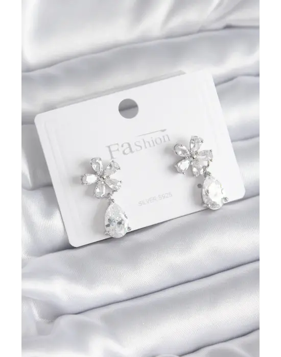 Gümüş Zirkon Taşlı Çiçek Model Damla Model Çelik Küpe