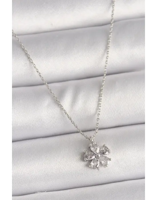 Pirinç Gümüş  Zirkon Taşlı Çiçek Model  Çelik Kolye