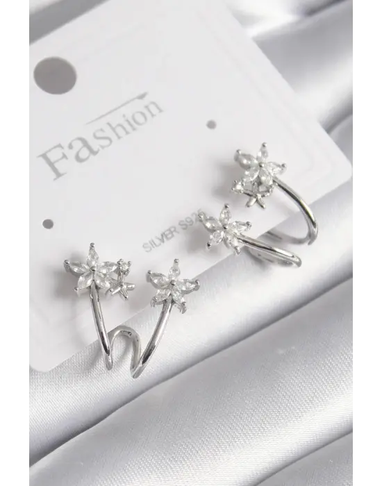  Gümüş Zirkon Taşlı Çiçek Model Çelik Küpe