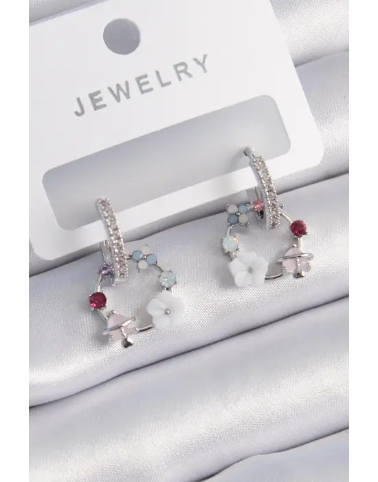  Gümüş Zirkon Taşlı Çiçek Model Çelik Küpe