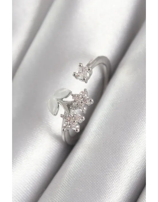  Gümüş Zirkon Taşlı Çiçek Model Çelik Yüzük