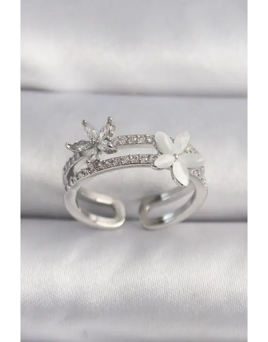  Gümüş Zirkon Taşlı Çiçek Model VIP Seri Çelik Yüzük