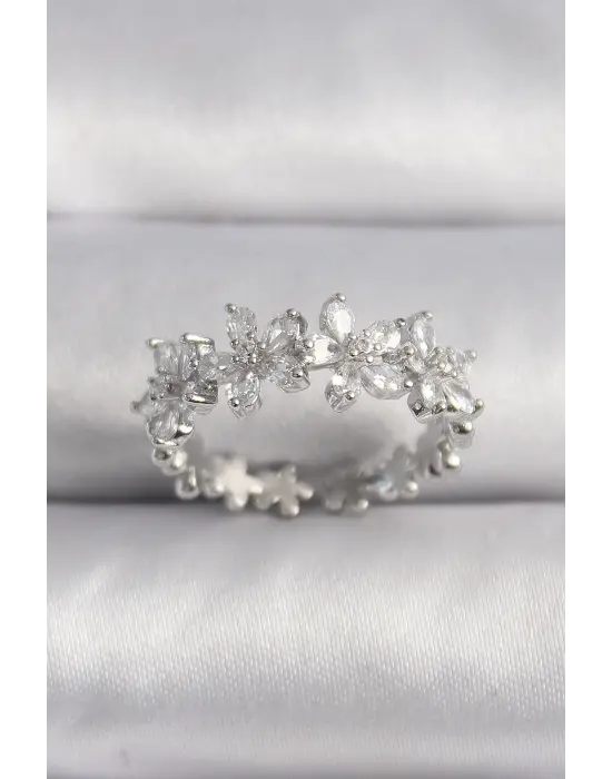  Gümüş Zirkon Taşlı Çiçek Model VIP Seri Çelik Yüzük