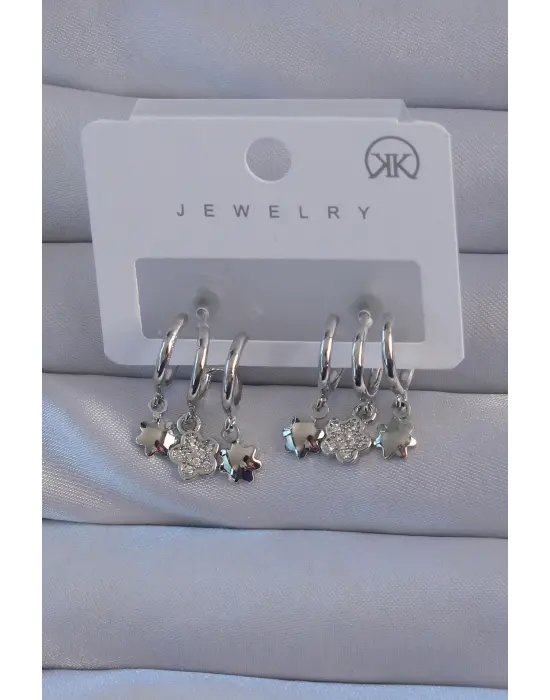  Gümüş Zirkon Taşlı Çiçek Model Yıldızlı Çoklu Görünüm Yarım Halka Küpe