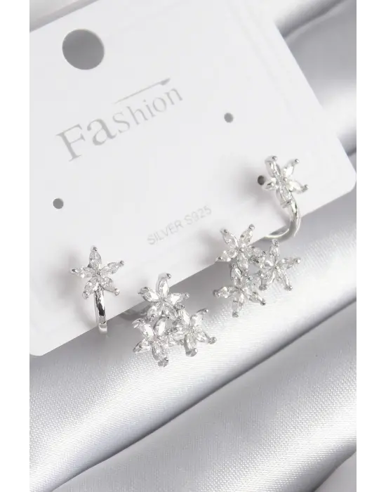  Gümüş Zirkon Taşlı Çiçek Tasarım Çelik Küpe