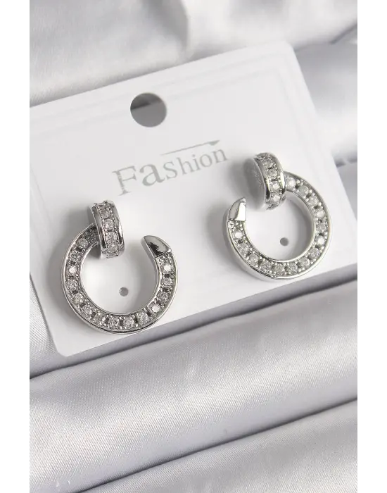  Gümüş Zirkon Taşlı Çivi Halka Model Çelik Küpe