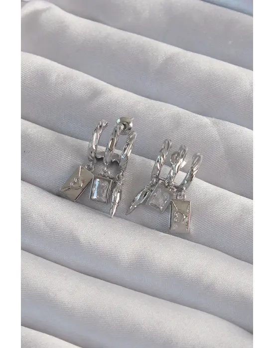  Gümüş Zirkon Taşlı Çoklu Aksesuarlı Yarım Halka Kaburga Küpe