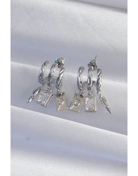  Gümüş Zirkon Taşlı Çoklu Aksesuarlı Yarım Halka Kaburga Küpe