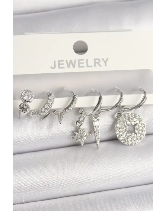  Gümüş Zirkon Taşlı Çoklu Figür Çelik Küpe Seti