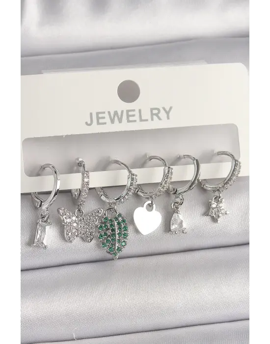  Gümüş Zirkon Taşlı Çoklu Figür Çelik Küpe Seti