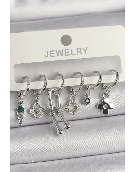  Gümüş Zirkon Taşlı Çoklu Figür Çelik Küpe Seti