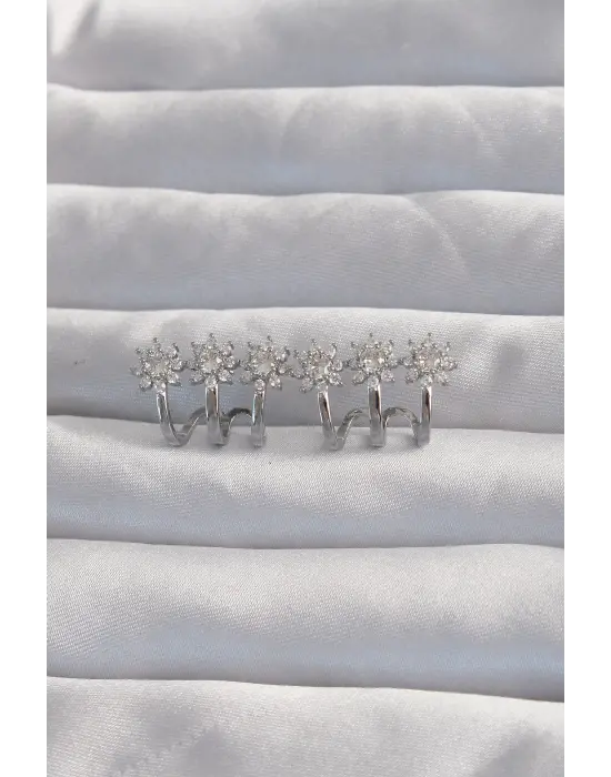  Gümüş Zirkon Taşlı Çoklu Görünümlü Çiçek Küpe