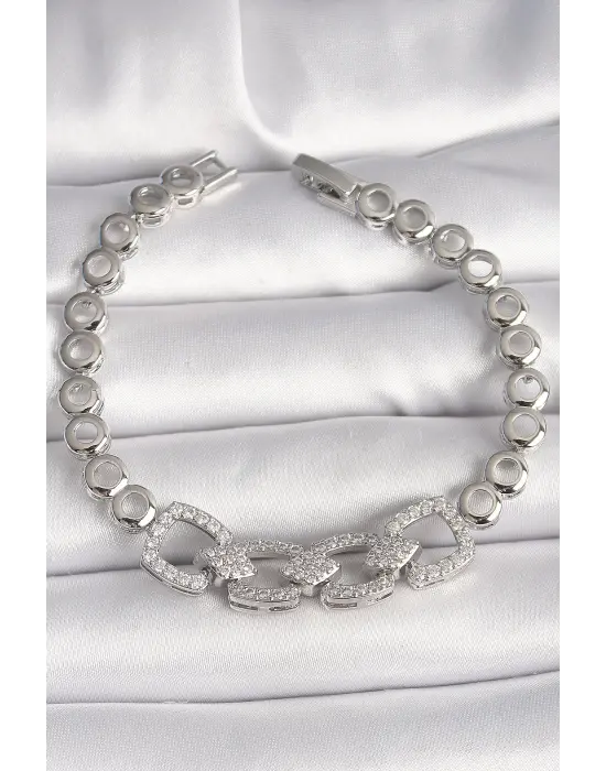 Pirinç Gümüş Renk Zirkon Taşlı Daire Zincir Model Kadın Bileklik