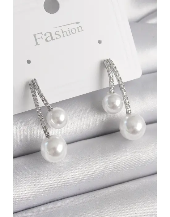  Gümüş Zirkon Taşlı Dal Model İncili Çelik Küpe