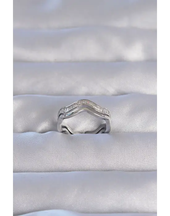  Gümüş Zirkon Taşlı Dalgalı Su Yolu Model Ayarlanabilir Yüzük