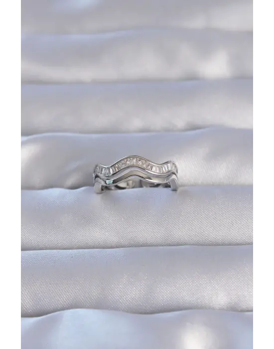  Gümüş Zirkon Taşlı Dalgalı Su Yolu Model Ayarlanabilir Yüzük