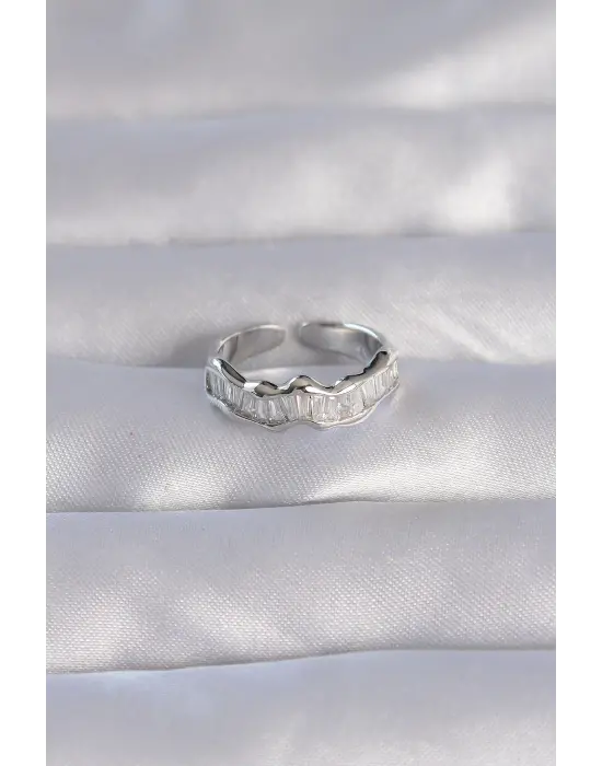  Gümüş Zirkon Taşlı Dalgalı Su Yolu Model Ayarlanabilir Yüzük