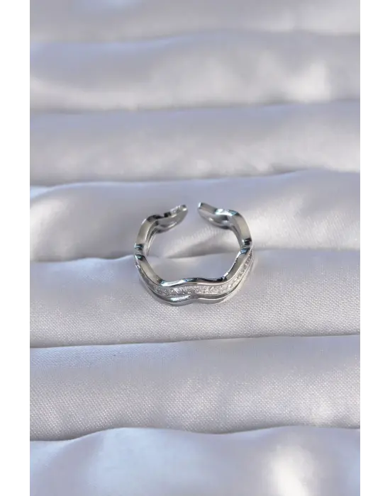  Gümüş Zirkon Taşlı Dalgalı Su Yolu Model Ayarlanabilir Yüzük