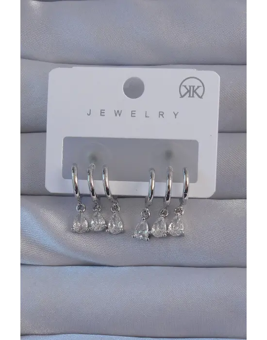  Gümüş Zirkon Taşlı Damla Model Çoklu Görünüm Yarım Halka Küpe