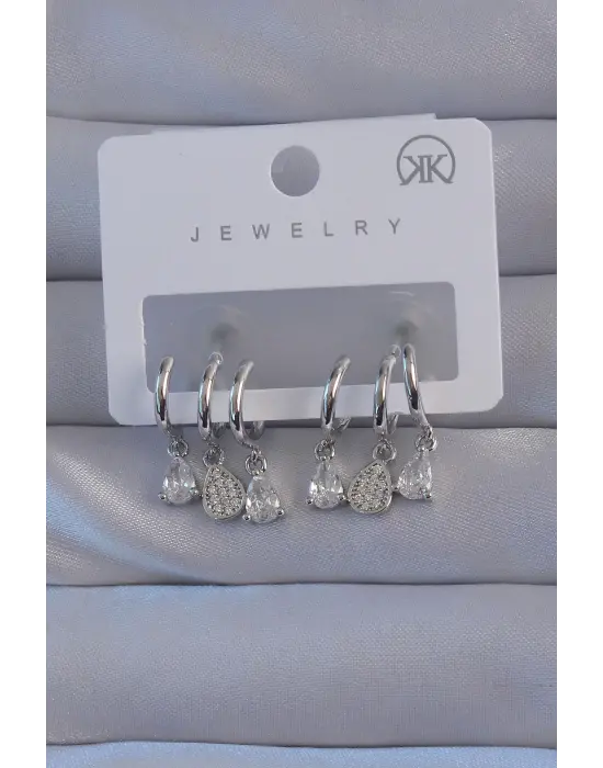  Gümüş Zirkon Taşlı Damla Model Çoklu Görünüm Yarım Halka Küpe