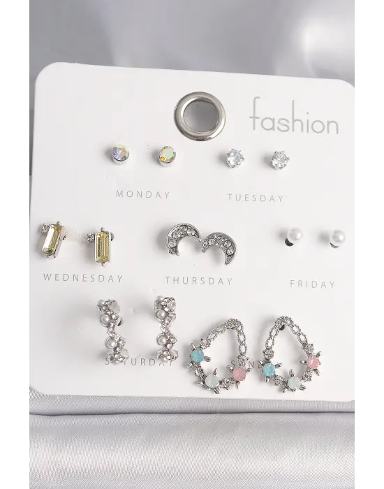  Gümüş Zirkon Taşlı Damla Model Hilal Detay 7 Çift Çelik Küpe Seti