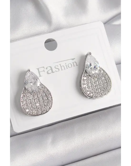  Gümüş Zirkon Taşlı Damla Model Çelik Küpe