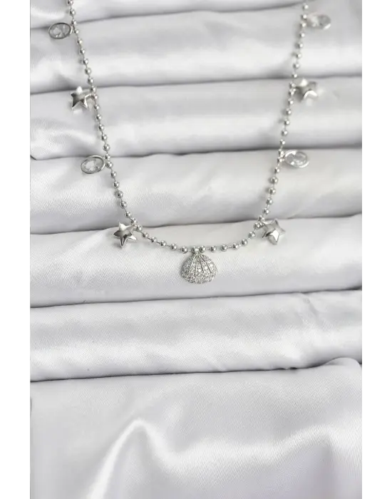 Pirinç Gümüş Renk Zirkon Taşlı Deniz Kabuğu Model Kadın Kolye