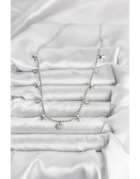 Pirinç Gümüş Renk Zirkon Taşlı Deniz Kabuğu Model Kadın Kolye