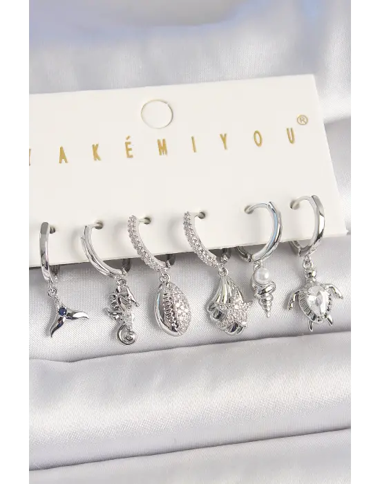 Pirinç Gümüş Renk Zirkon Taşlı Deniz Kabuğu Model Kaplumbağa Detay Kadın Küpe Kombin