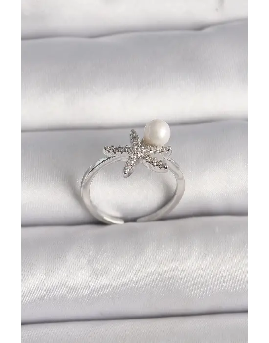  Gümüş Zirkon Taşlı Deniz Yıldızı Model İnci Detay Ayarlanabilir Yüzük