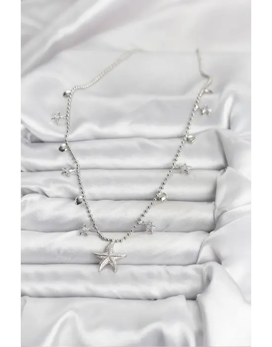 Çelik Gümüş Renk Zirkon Taşlı Deniz Yıldızı Model Kadın Kolye