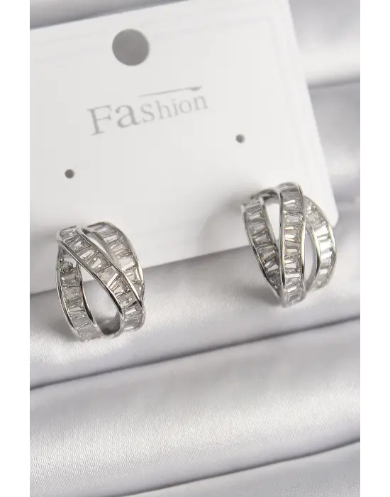  Gümüş Zirkon Taşlı Düğüm Halka Model Çelik Küpe