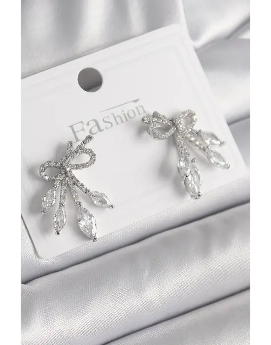  Gümüş Zirkon Taşlı Düğüm Model Damla Zirkon Taşlı Çelik Küpe