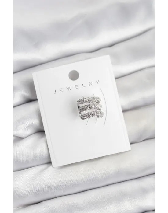 Çelik Gümüş Renk Zirkon Taşlı Earcuff Kıkırdak Küpe