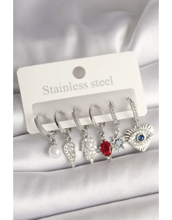 Pirinç Gümüş Renk Zirkon Taşlı Fatma Ana El Figür Kadın Küpe Seti