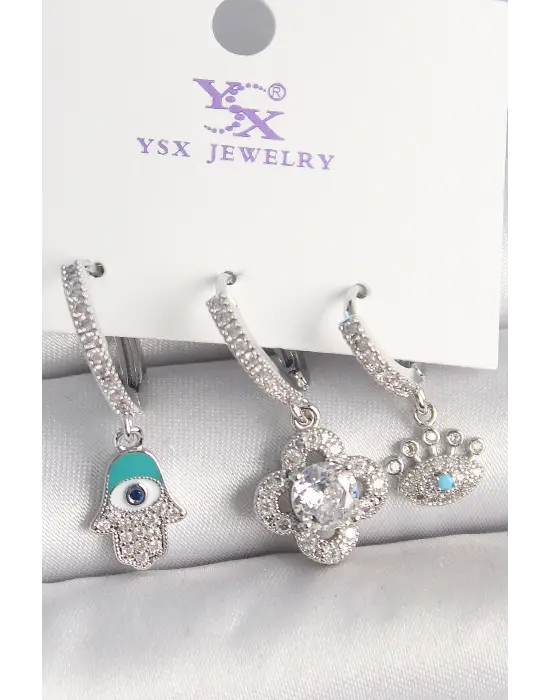 Pirinç Gümüş Renk Zirkon Taşlı Fatma Ana Yonca Figür Göz Detay 3Lü Kadın Kombin Küpe