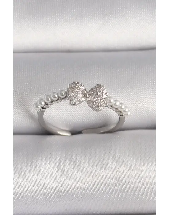  Gümüş Zirkon Taşlı Fiyonk İnci Detay Ayarlanabilir Yüzük