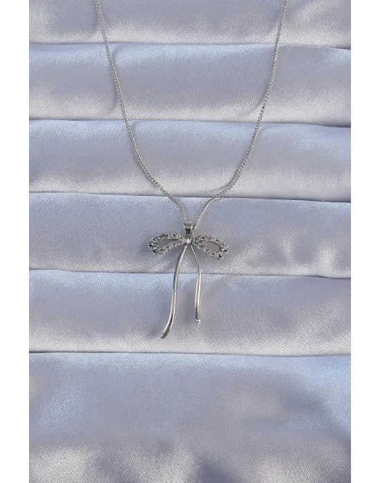 Pirinç Gümüş  Zirkon Taşlı Fiyonk Çelik Kolye