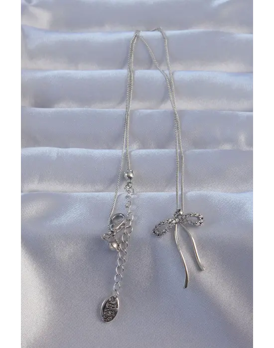 Pirinç Gümüş  Zirkon Taşlı Fiyonk Çelik Kolye