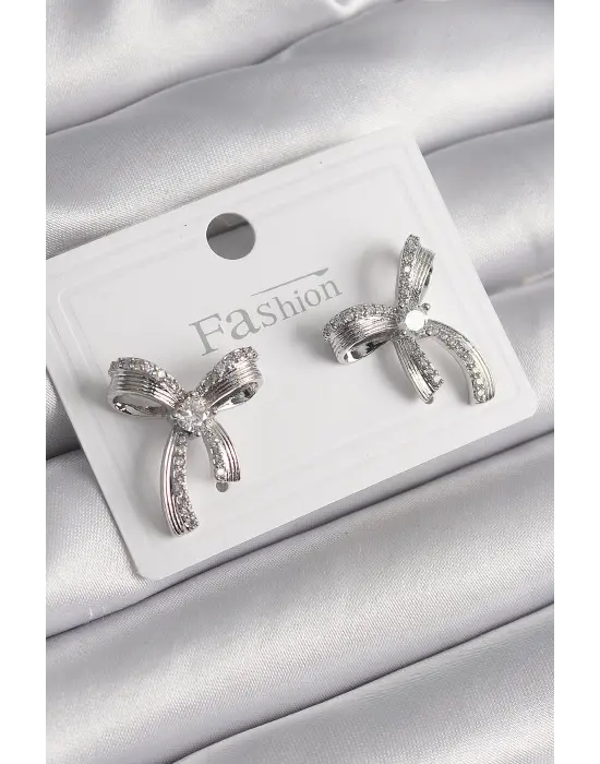  Gümüş Zirkon Taşlı Fiyonk Model Çelik Küpe