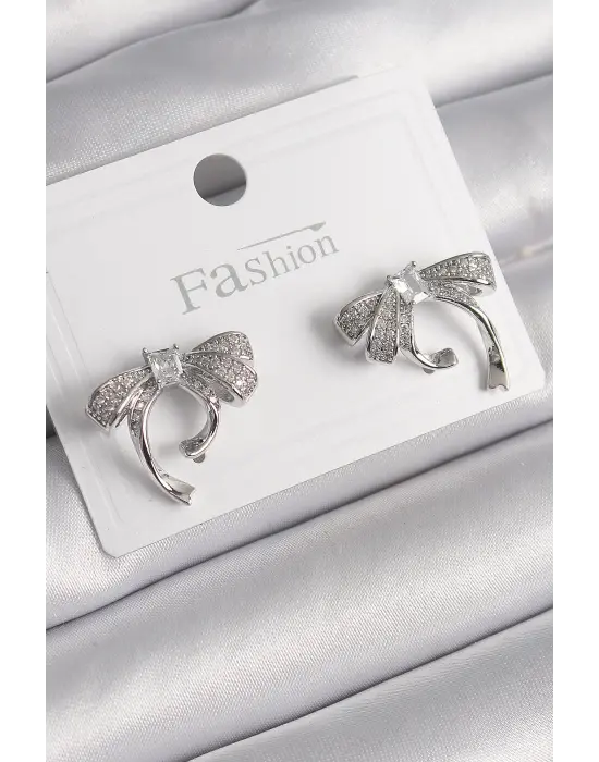  Gümüş Zirkon Taşlı Fiyonk Model Çelik Küpe