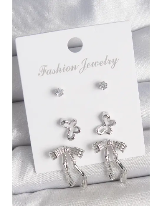 Pirinç Gümüş Renk Zirkon Taşlı Fiyonk Model Kelebek Detay 3 Çift Kadın Küpe