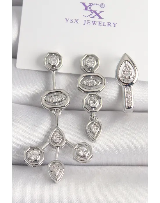 Pirinç Gümüş Renk Zirkon Taşlı Geometrik Model 3Lü Kadın Kombin Küpe