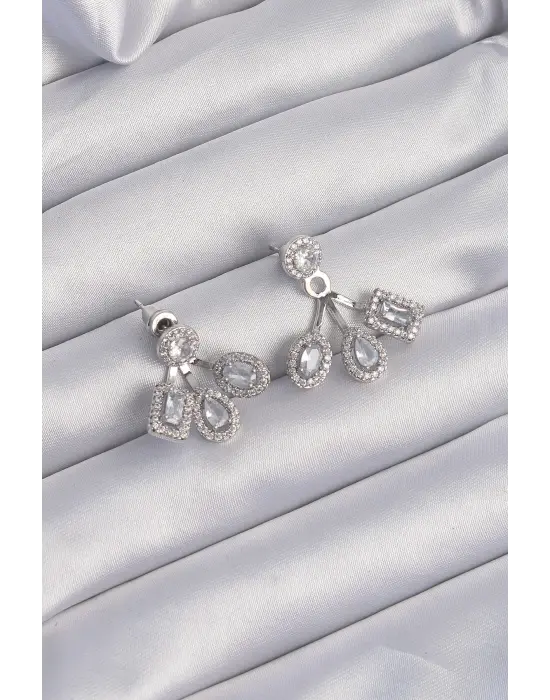  Gümüş Zirkon Taşlı Geometrik Model Küpe